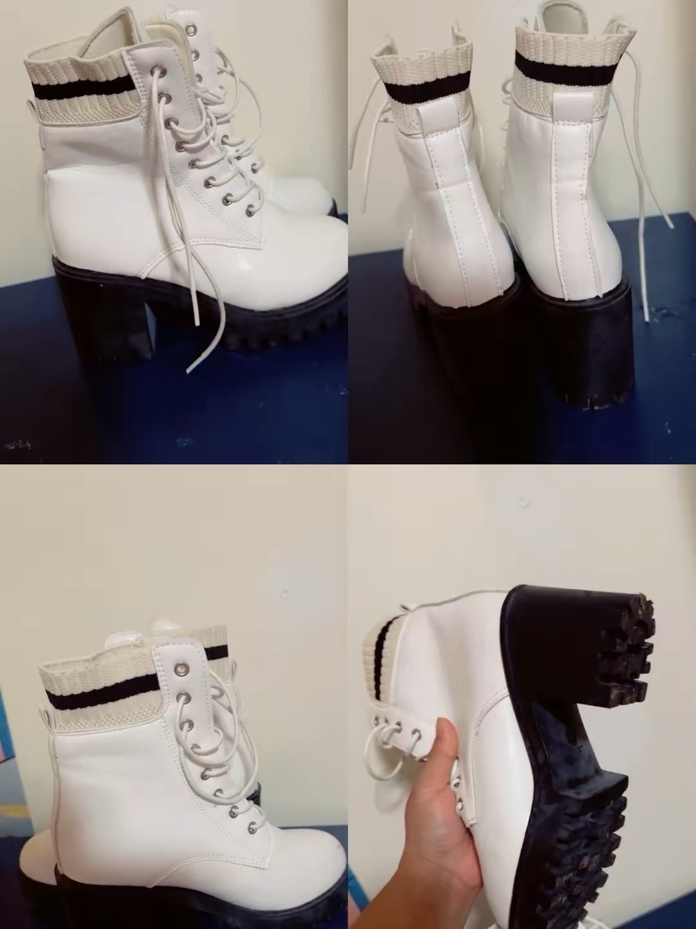 White Chunky Lug Heel Lace-Up Ankle Boots